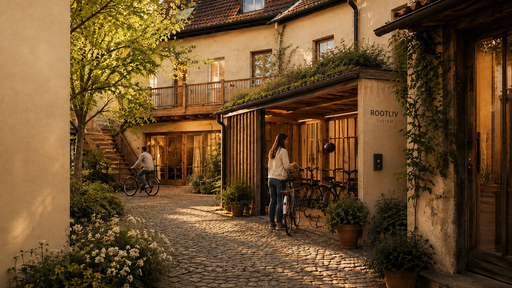 Gemeinsam genutzter Fahrradbereich im Innenhof eines ROOTLIV Living Spaces